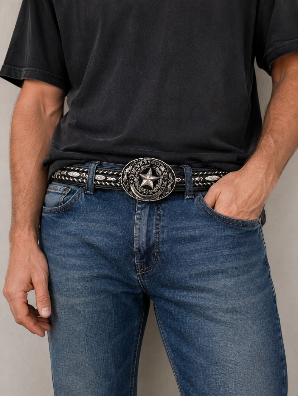 Vintage Justin 741BK Leather Western Belt Laced Concho Texas Buckle Size 36